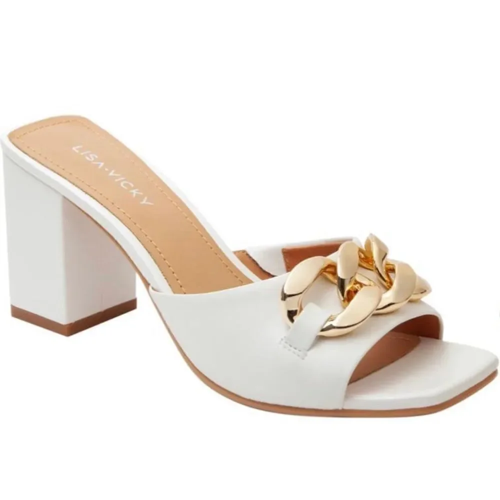 Lisa Vicky Sandals Womens Size 9.5 White Leather Open Toe Heels‎ With Chain